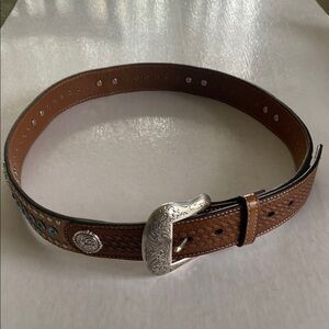 NOCONA Western Leather Belt with Silver Buckle, Rhinestones and calf hair Sz 38
